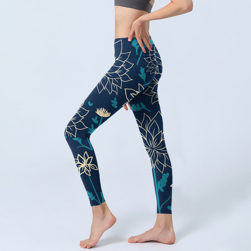 Leggings de sport à imprimé Buddha Stones beige, fleurs et feuilles bleues, pantalons de yoga pour femmes - image 2