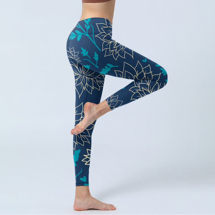 Leggings de sport à imprimé Buddha Stones beige, fleurs et feuilles bleues, pantalons de yoga pour femmes - image 4