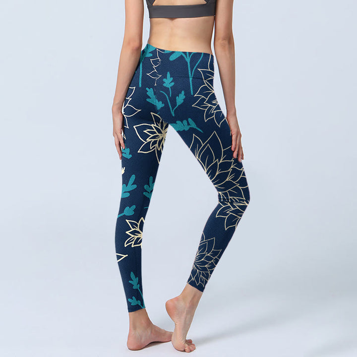 Leggings de sport à imprimé Buddha Stones beige, fleurs et feuilles bleues, pantalons de yoga pour femmes - image 5
