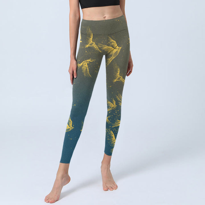 Leggings de sport à imprimé Buddha Stones et oiseaux volants dorés pour femme, pantalon de yoga - image 5