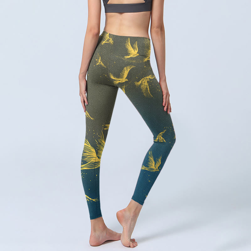 Leggings de sport à imprimé Buddha Stones et oiseaux volants dorés pour femme, pantalon de yoga - image 4