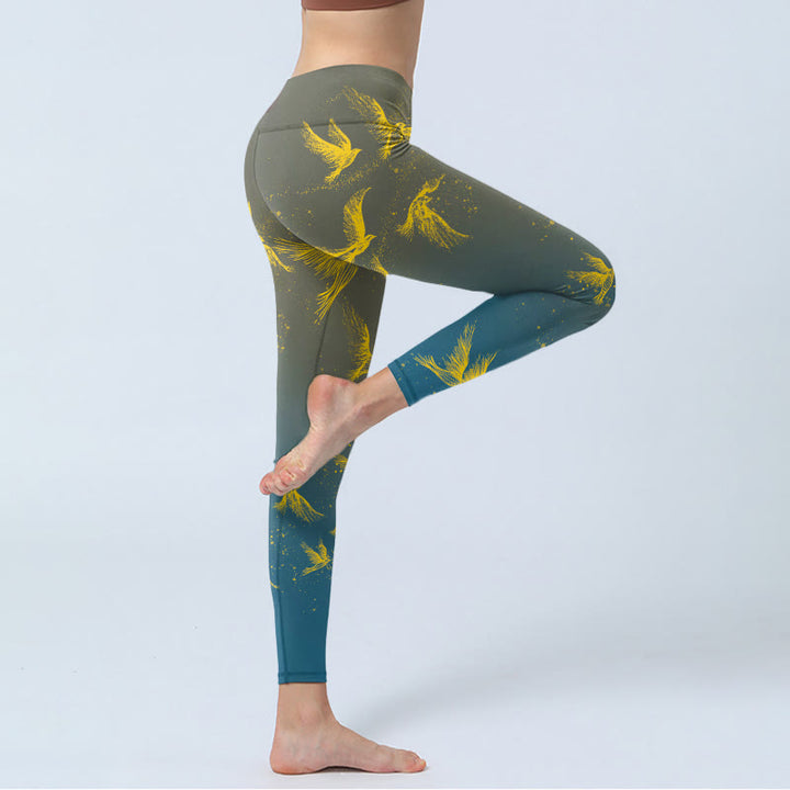 Leggings de sport à imprimé Buddha Stones et oiseaux volants dorés pour femme, pantalon de yoga - image 3
