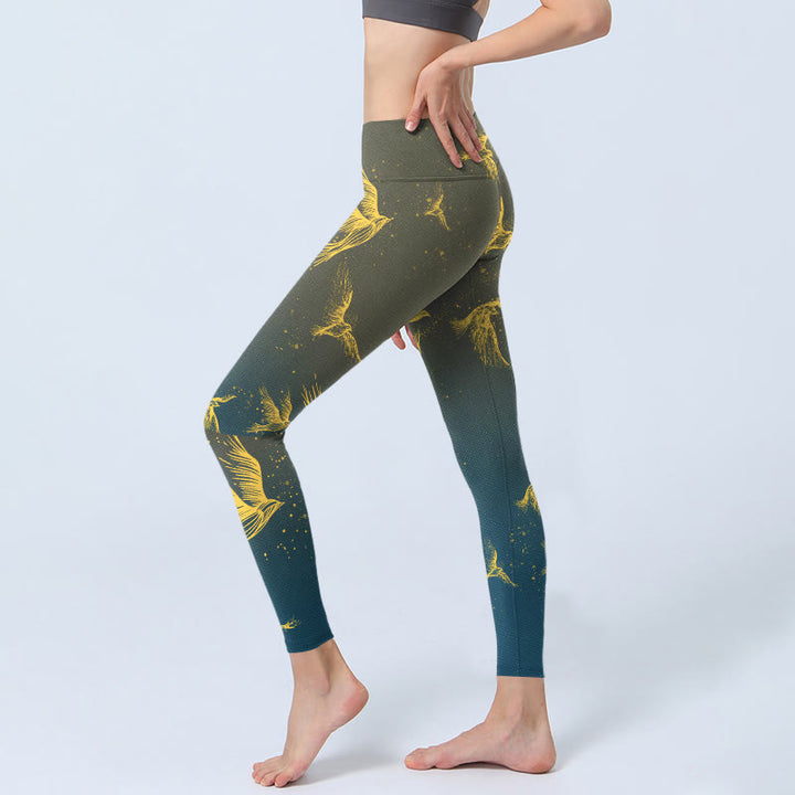 Leggings de sport à imprimé Buddha Stones et oiseaux volants dorés pour femme, pantalon de yoga - image 2