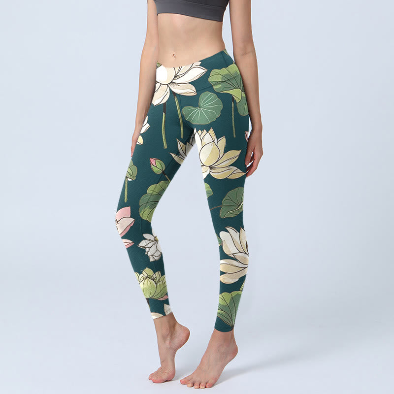 Leggings de sport pour femme, imprimé Buddha Stones, beige, rose, fleurs de lotus et feuilles, pantalon de yoga - Sarcelle - US18，UK/AU22，EU50 (4XL) - image 1