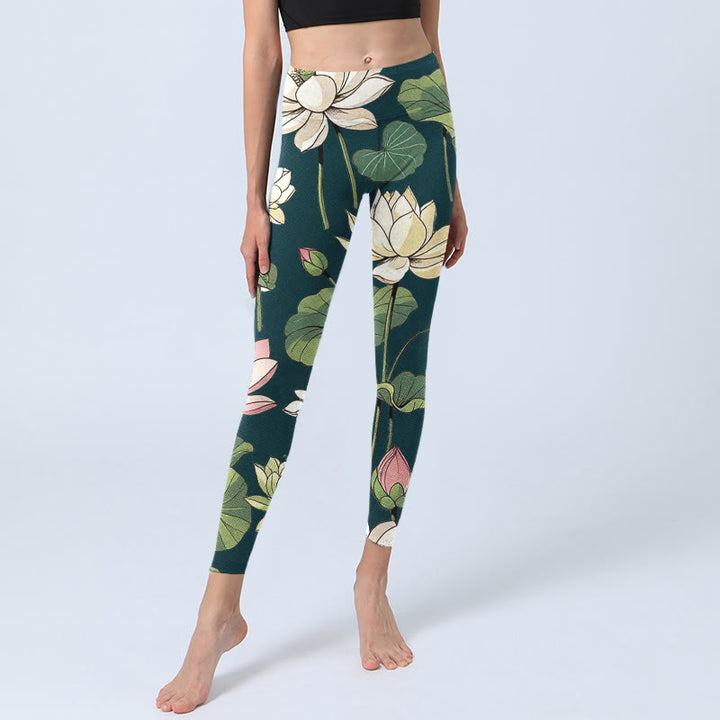 Leggings de sport pour femme, imprimé Buddha Stones, beige, rose, fleurs de lotus et feuilles, pantalon de yoga - image 5