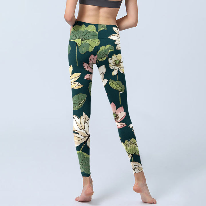 Leggings de sport pour femme, imprimé Buddha Stones, beige, rose, fleurs de lotus et feuilles, pantalon de yoga - image 7