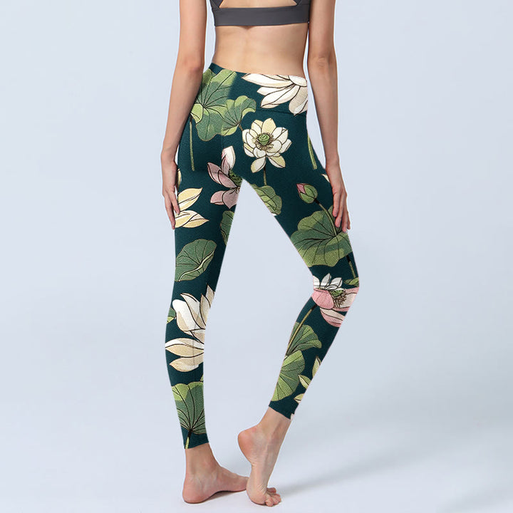 Leggings de sport pour femme, imprimé Buddha Stones, beige, rose, fleurs de lotus et feuilles, pantalon de yoga - image 5