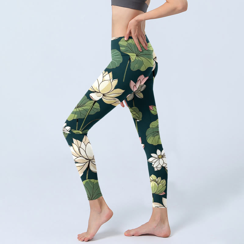 Leggings de sport pour femme, imprimé Buddha Stones, beige, rose, fleurs de lotus et feuilles, pantalon de yoga - image 3