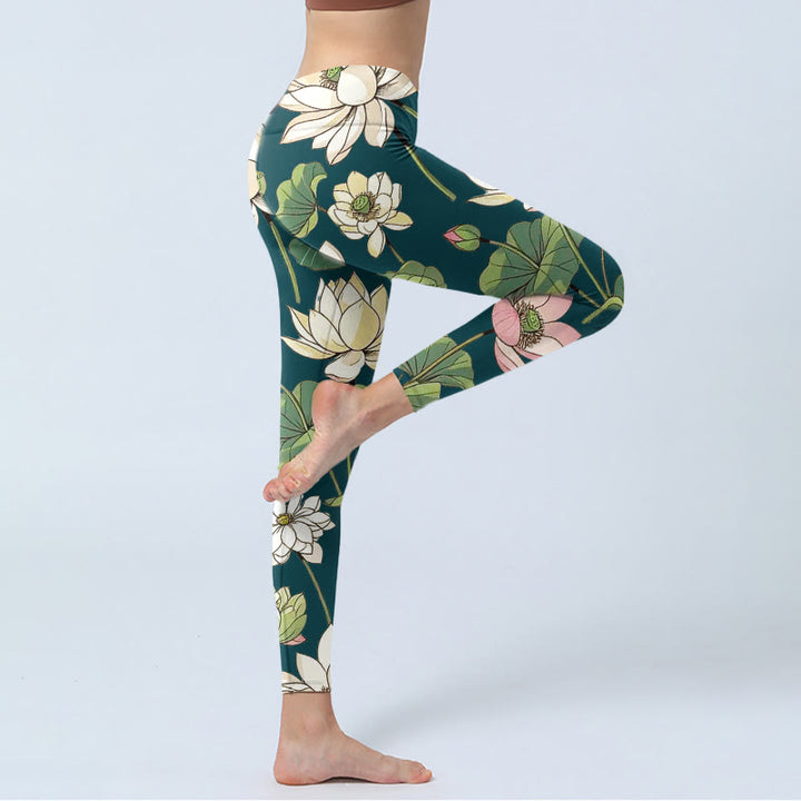 Leggings de sport pour femme, imprimé Buddha Stones, beige, rose, fleurs de lotus et feuilles, pantalon de yoga - image 4