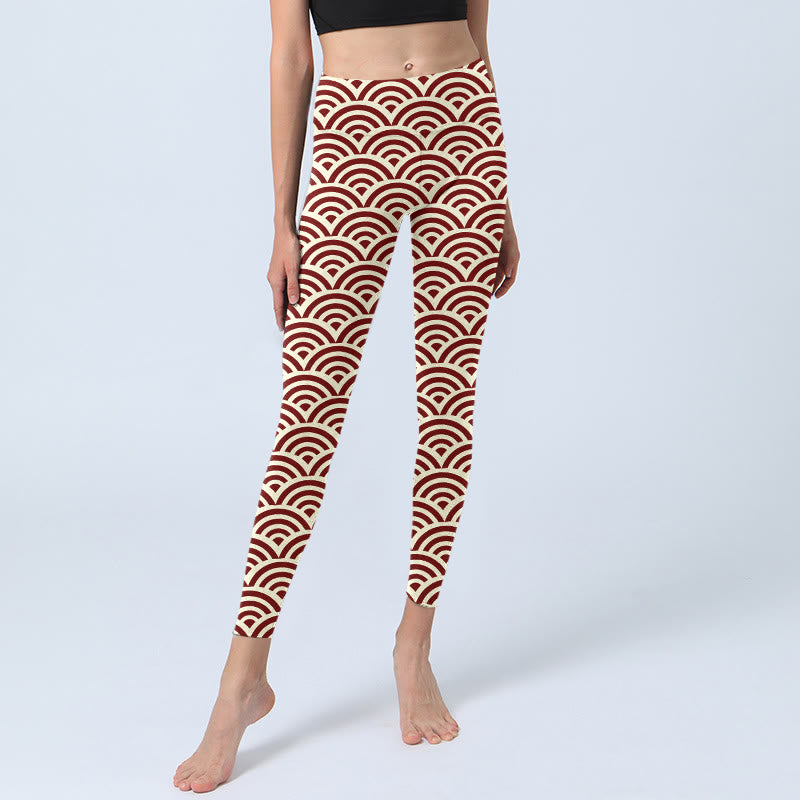 Leggings de sport à imprimé Buddha Stones rouge beige et éventails pour femme, pantalon de yoga - image 5