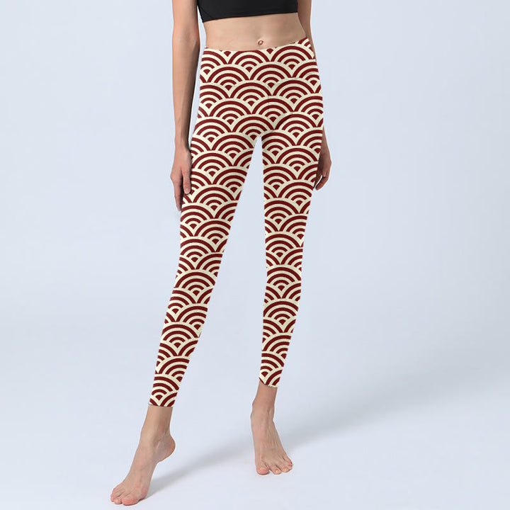 Leggings de sport à imprimé Buddha Stones rouge beige et éventails pour femme, pantalon de yoga - image 5