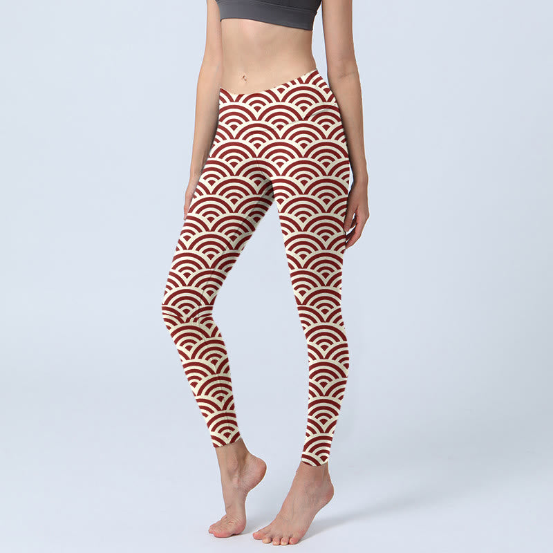 Leggings de sport à imprimé Buddha Stones rouge beige et éventails pour femme, pantalon de yoga - Beige - US18，UK/AU22，EU50 (4XL) - image 1