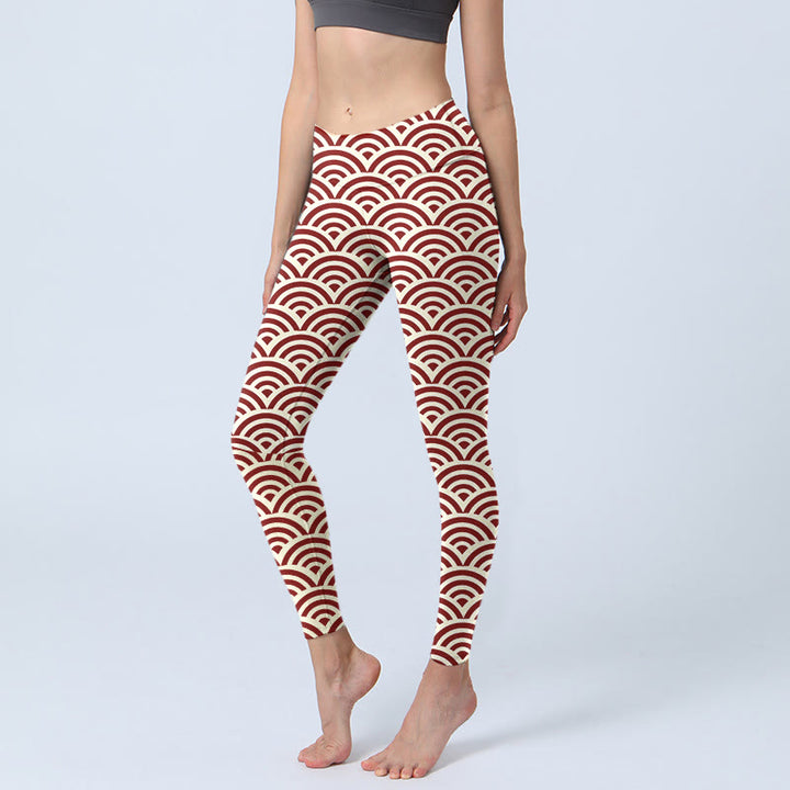 Leggings de sport à imprimé Buddha Stones rouge beige et éventails pour femme, pantalon de yoga - Beige - US18，UK/AU22，EU50 (4XL) - image 1