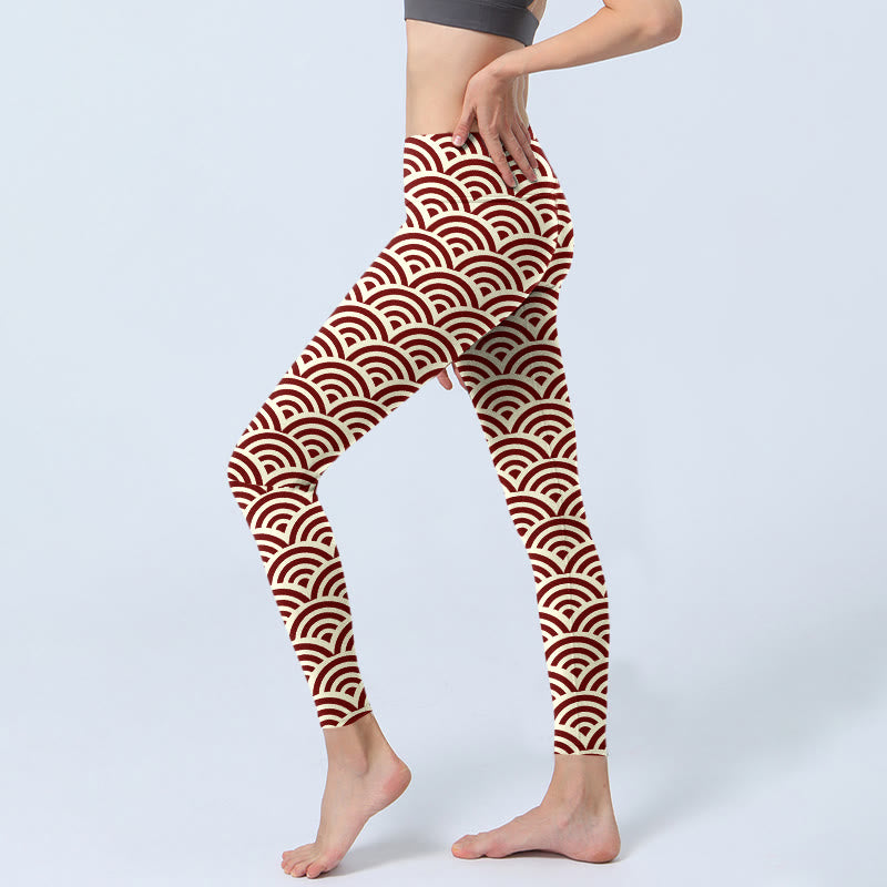 Leggings de sport à imprimé Buddha Stones rouge beige et éventails pour femme, pantalon de yoga - image 3