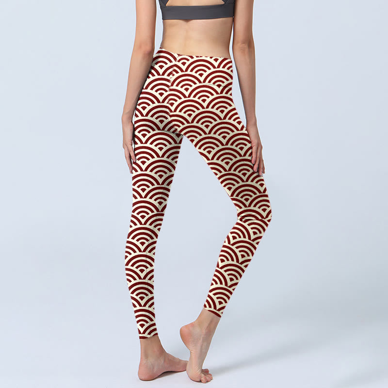 Leggings de sport à imprimé Buddha Stones rouge beige et éventails pour femme, pantalon de yoga - image 5