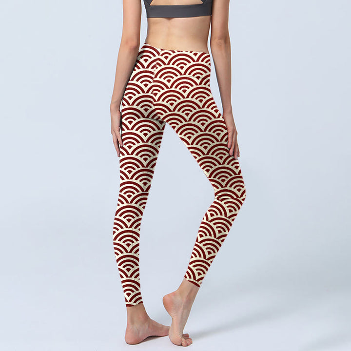 Leggings de sport à imprimé Buddha Stones rouge beige et éventails pour femme, pantalon de yoga - image 5