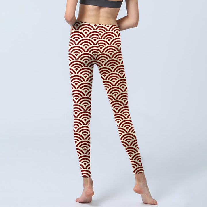 Leggings de sport à imprimé Buddha Stones rouge beige et éventails pour femme, pantalon de yoga - image 7