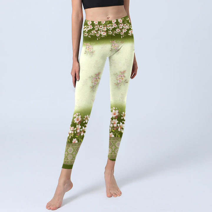 Leggings de sport imprimé Buddha Stones , fleurs roses et feuilles vertes, pantalons de yoga pour femmes - image 6