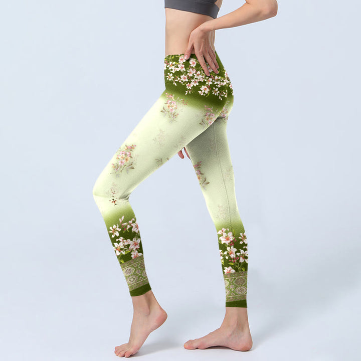 Leggings de sport imprimé Buddha Stones , fleurs roses et feuilles vertes, pantalons de yoga pour femmes - image 2