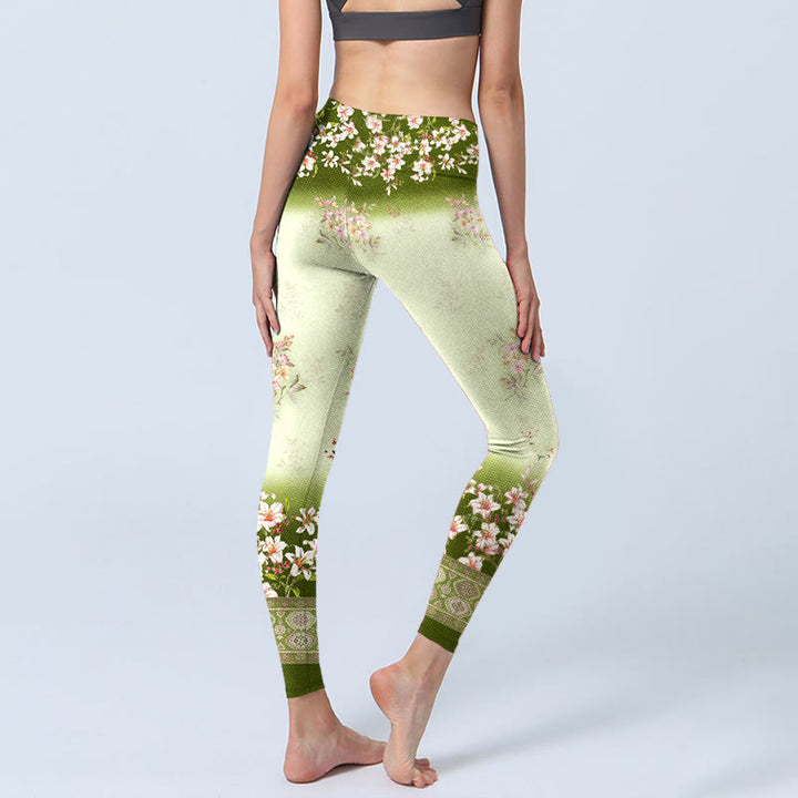 Leggings de sport imprimé Buddha Stones , fleurs roses et feuilles vertes, pantalons de yoga pour femmes - image 4
