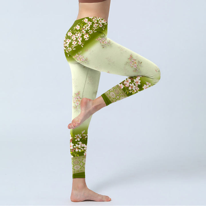Leggings de sport imprimé Buddha Stones , fleurs roses et feuilles vertes, pantalons de yoga pour femmes - image 3