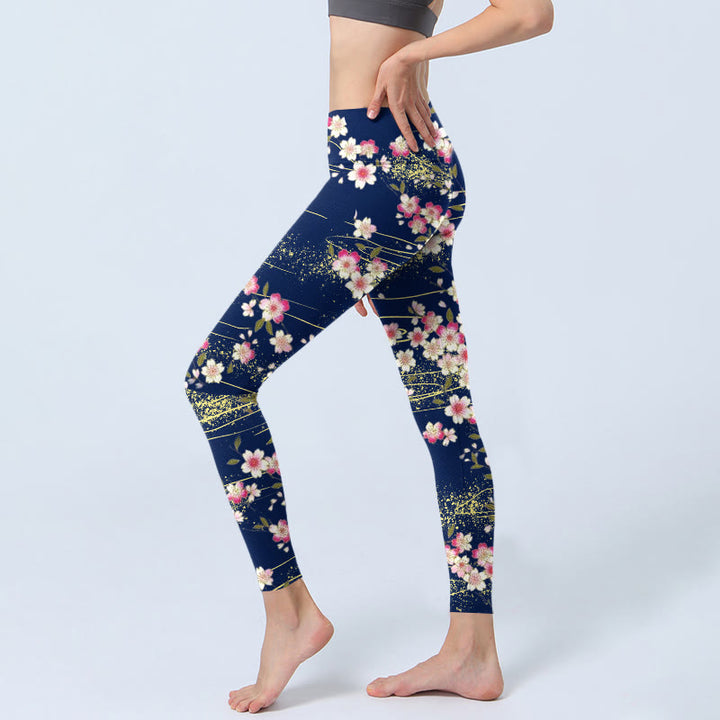 Leggings de sport imprimés Buddha Stones, roses, magenta, fleurs et feuilles vertes, pantalons de yoga pour femmes - image 3