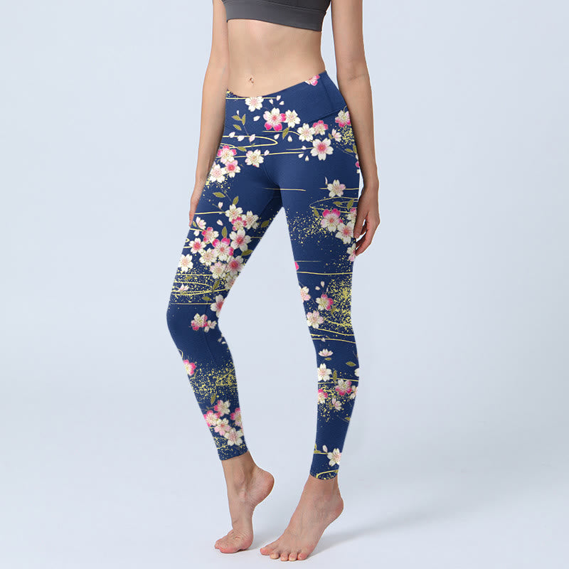 Leggings de sport imprimés Buddha Stones, roses, magenta, fleurs et feuilles vertes, pantalons de yoga pour femmes - SteelBlue - US18，UK/AU22，EU50 (4XL) - image 0