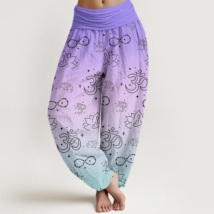 Pantalon sarouel à taille élastique pour femme, Buddha Stones, symbole OM, lotus, méditation, motif infini - Bleu ardoise - US22，UK/AU26，EU54 (6XL) - image 0