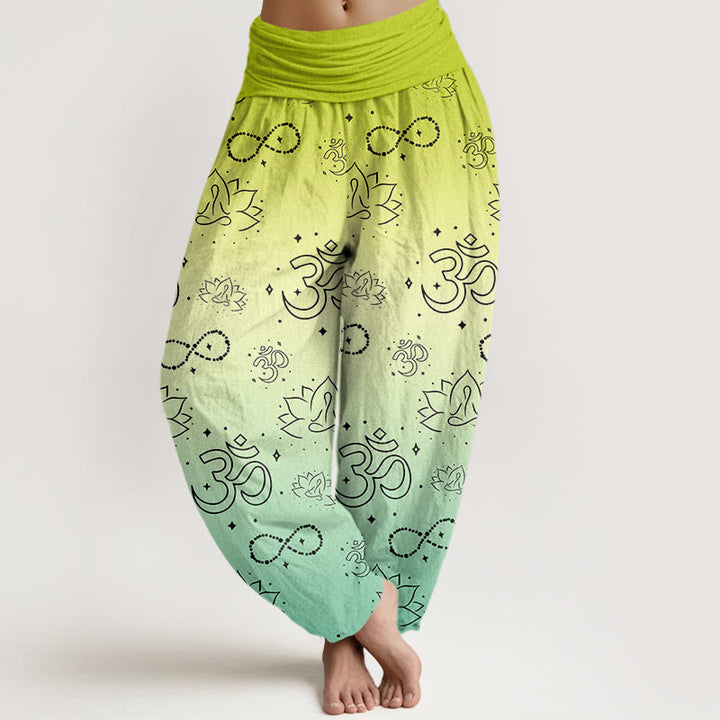Pantalon sarouel à taille élastique pour femme, Buddha Stones, symbole OM, lotus, méditation, motif infini - VertJaune - US22，UK/AU26，EU54 (6XL) - image 5