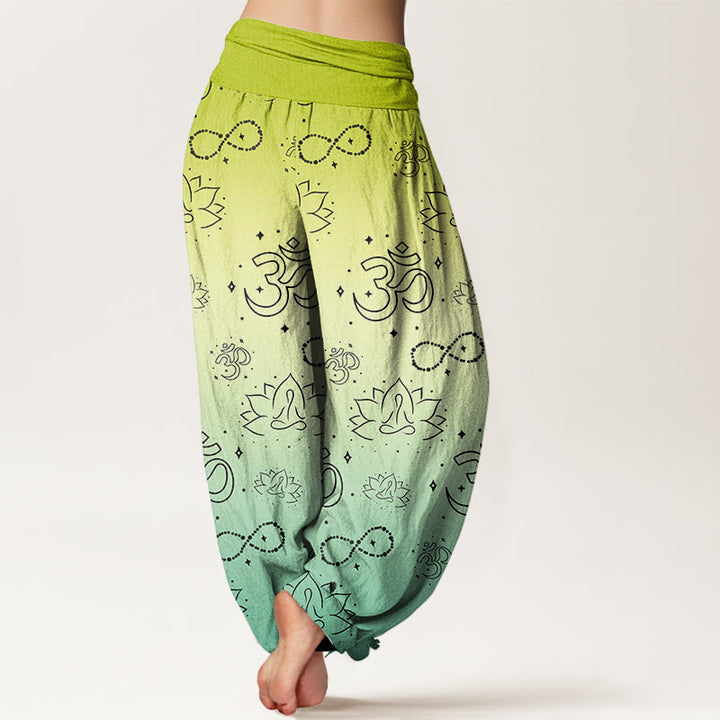 Pantalon harem à taille élastique pour femme, en coton, avec motif OM, lotus et figure méditative, orné de Buddha Stones et de l'infini. - image 5