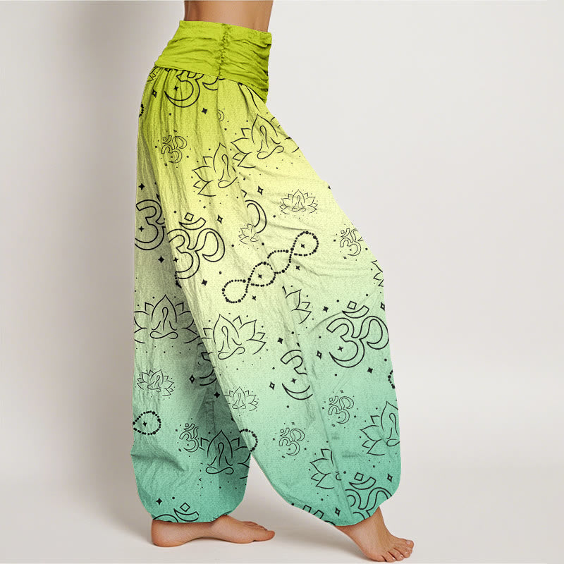 Pantalon harem à taille élastique pour femme, en coton, avec motif OM, lotus et figure méditative, orné de Buddha Stones et de l'infini. - image 6