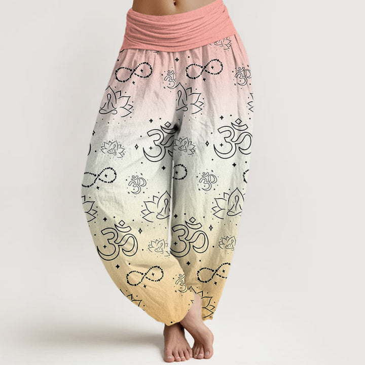 Pantalon sarouel à taille élastique pour femme, Buddha Stones, symbole OM, lotus, méditation, motif infini - Beige - US22，UK/AU26，EU54 (6XL) - image 7