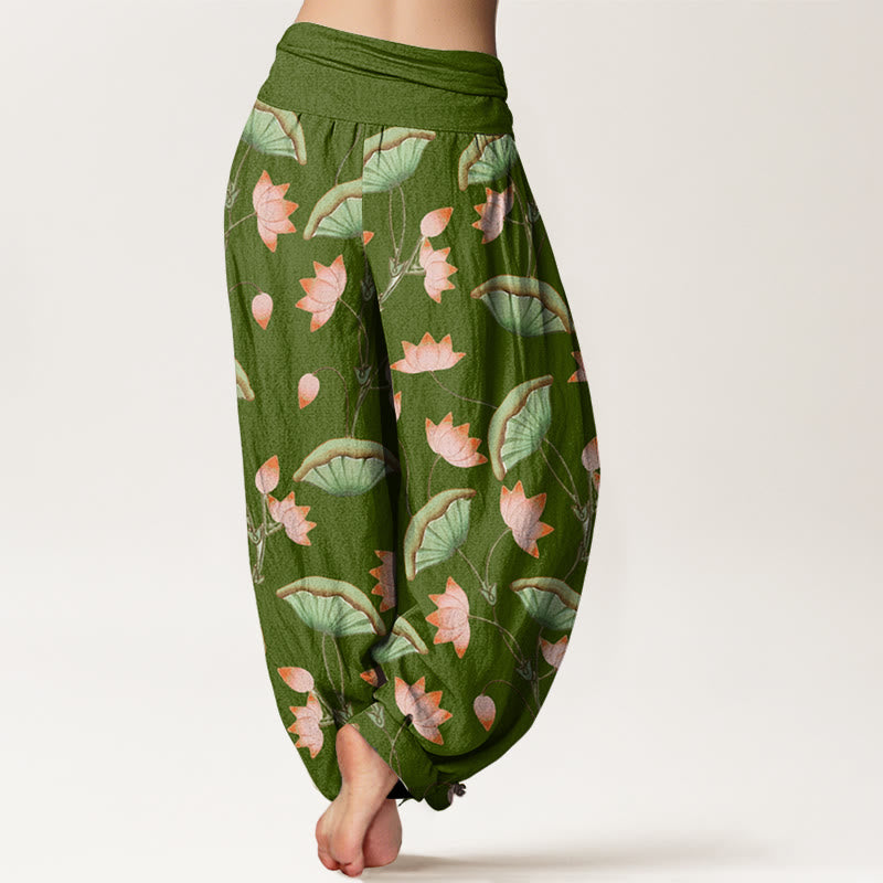 Pantalon Buddha Stones à taille élastique pour femme, motif fleurs de lotus roses et feuilles vertes luxuriantes - image 1