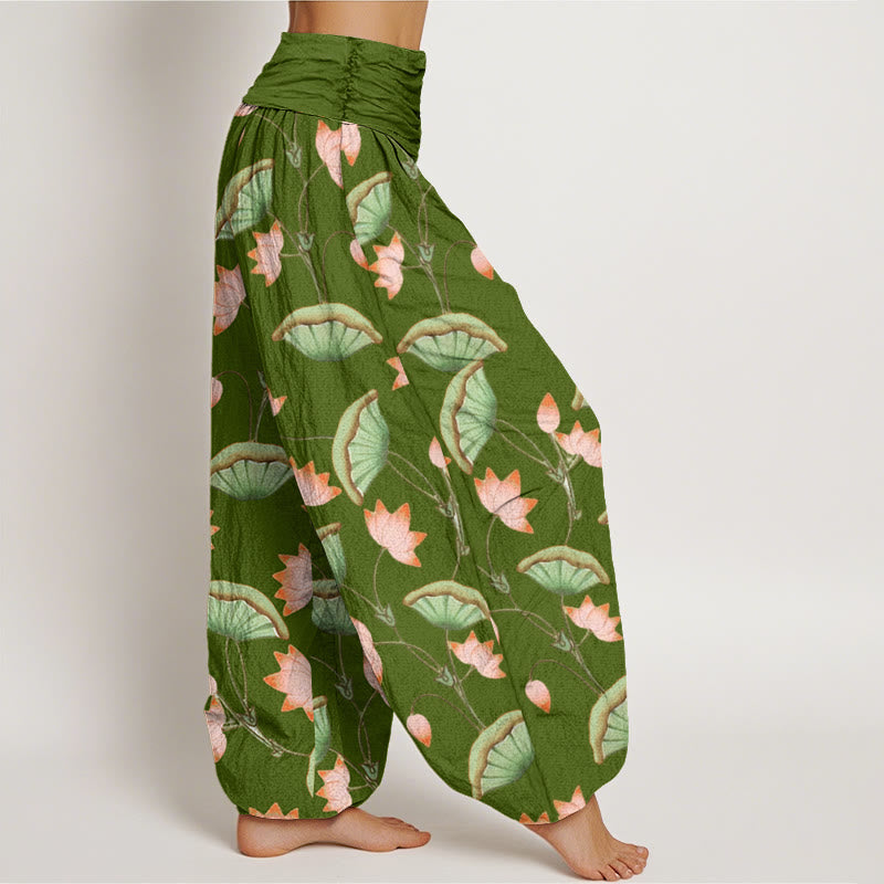 Pantalon harem à taille élastique pour femme, en coton rose à motif de Buddha Stones, de fleurs de lotus et de feuilles vertes luxuriantes. - image 2