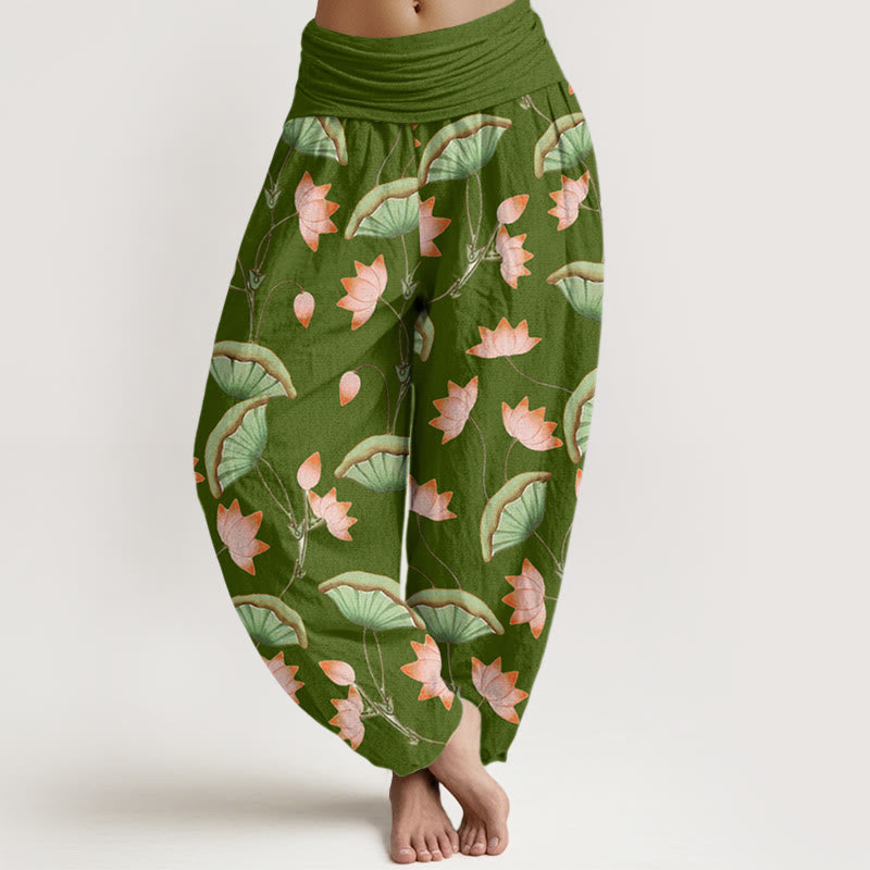Pantalon Buddha Stones à taille élastique pour femme, motif fleurs de lotus roses et feuilles vertes luxuriantes - Vert olive - US22，UK/AU26，EU54 (6XL) - image 0