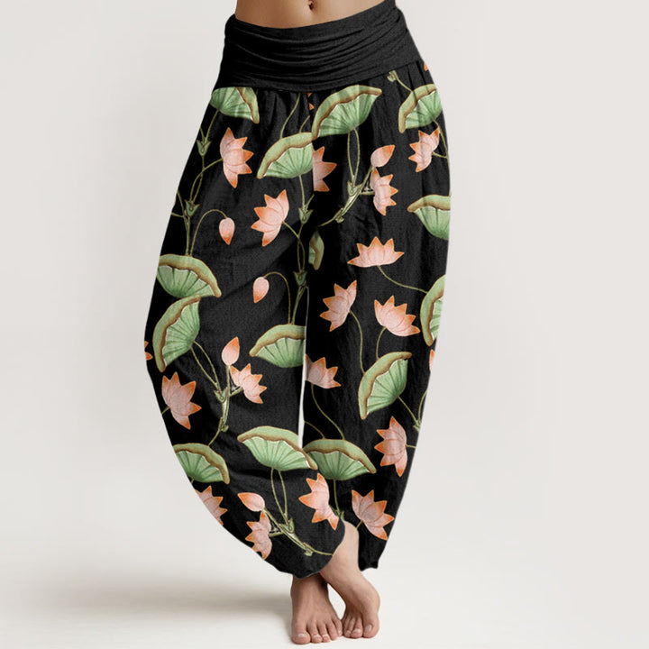 Pantalon harem à taille élastique pour femme, en coton rose à motif de Buddha Stones, de fleurs de lotus et de feuilles vertes luxuriantes. - Noir - US22，UK/AU26，EU54 (6XL) - image 4