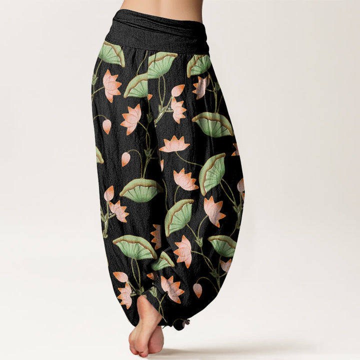 Pantalon Buddha Stones à taille élastique pour femme, motif fleurs de lotus roses et feuilles vertes luxuriantes - image 5