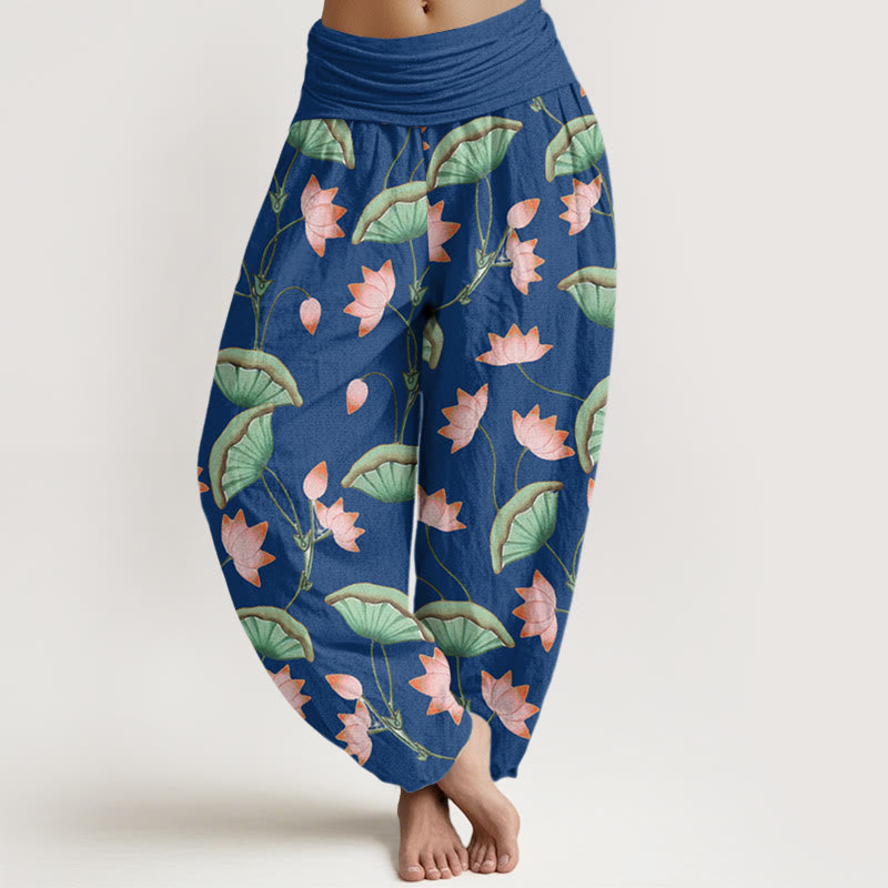 Pantalon Buddha Stones à taille élastique pour femme, motif fleurs de lotus roses et feuilles vertes luxuriantes - Bleu acier - US22，UK/AU26，EU54 (6XL) - image 8