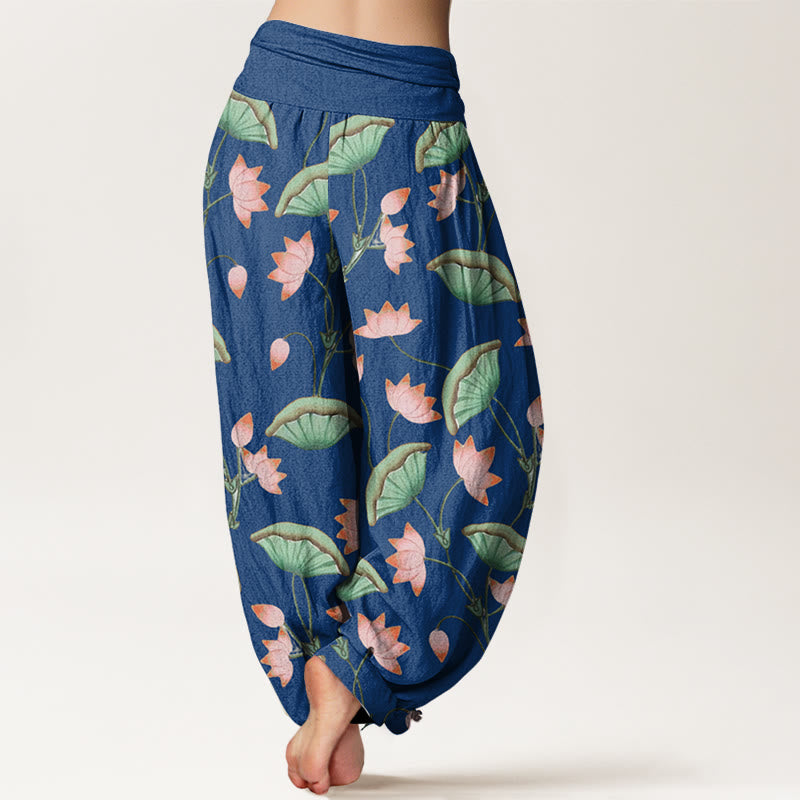 Pantalon harem à taille élastique pour femme, en coton rose à motif de Buddha Stones, de fleurs de lotus et de feuilles vertes luxuriantes. - image 8