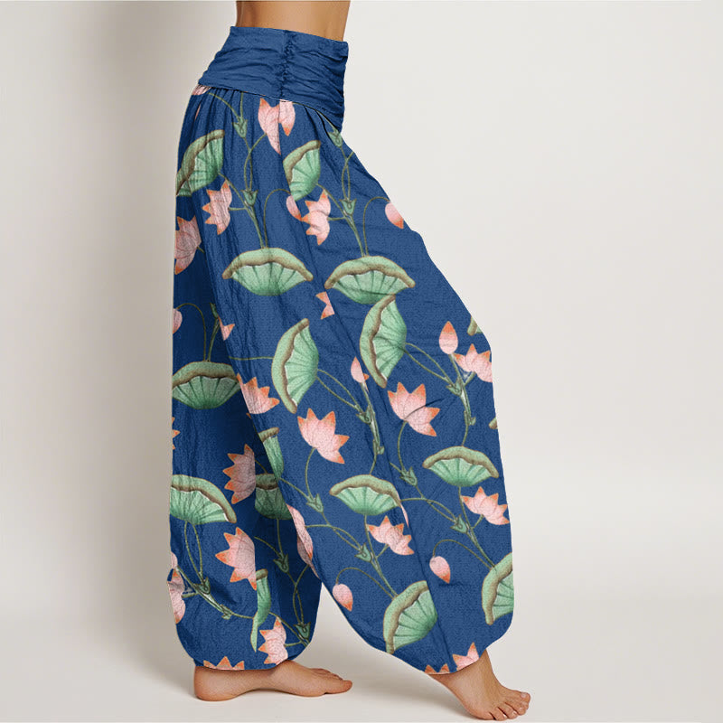 Pantalon Buddha Stones à taille élastique pour femme, motif fleurs de lotus roses et feuilles vertes luxuriantes - image 9