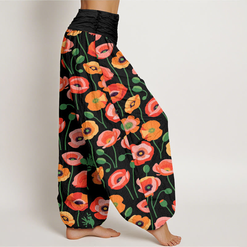 Pantalon sarouel taille élastique pour femme, motif fleurs rouges et oranges, Buddha Stones - image 3