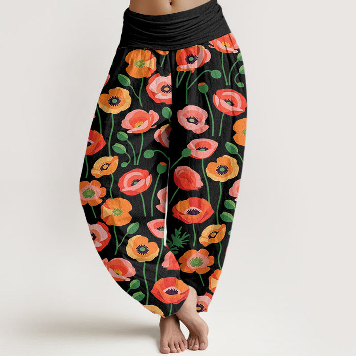 Pantalon harem à taille élastique pour femme, en coton à motif de fleurs rouges et orange et Buddha Stones - Noir - US22，UK/AU26，EU54 (6XL) - image 0