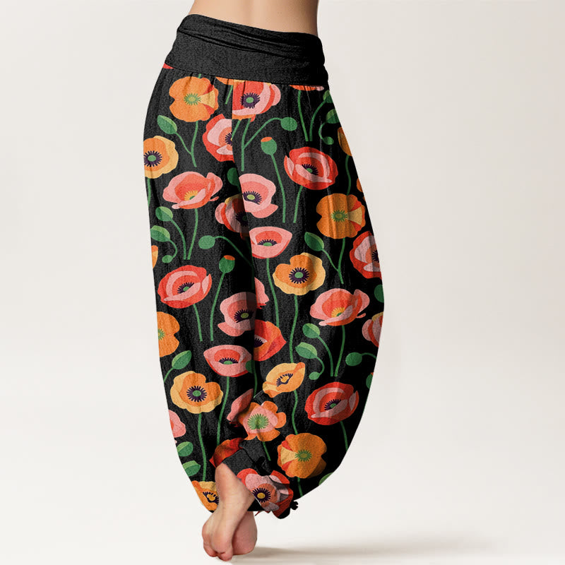 Pantalon sarouel taille élastique pour femme, motif fleurs rouges et oranges, Buddha Stones - image 1