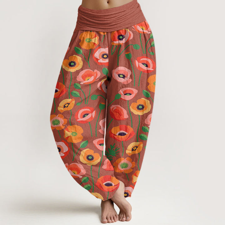 Pantalon sarouel taille élastique pour femme, motif fleurs rouges et oranges, Buddha Stones - Corail clair - US22，UK/AU26，EU54 (6XL) - image 5