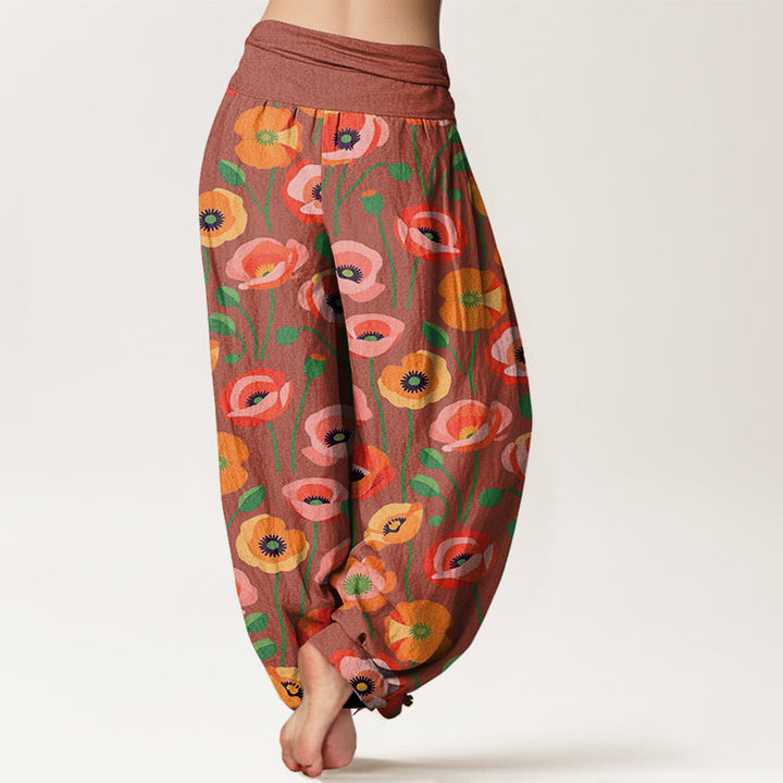 Pantalon sarouel taille élastique pour femme, motif fleurs rouges et oranges, Buddha Stones - image 5