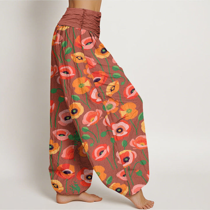 Pantalon sarouel taille élastique pour femme, motif fleurs rouges et oranges, Buddha Stones - image 7