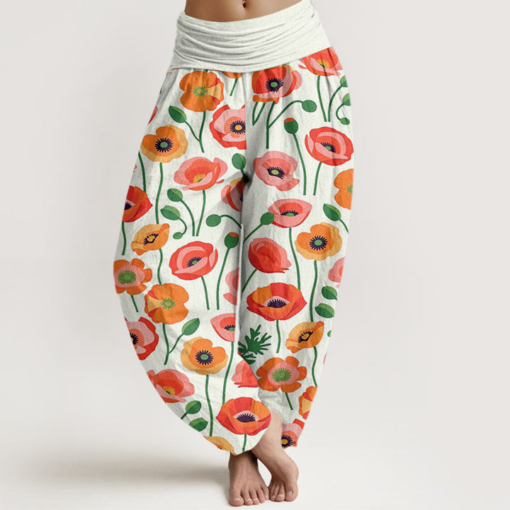 Pantalon harem à taille élastique pour femme, en coton à motif de fleurs rouges et orange et Buddha Stones - Beige - US22，UK/AU26，EU54 (6XL) - image 7