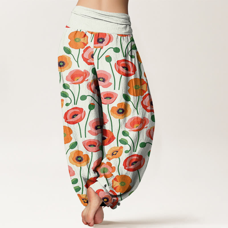 Pantalon harem à taille élastique pour femme, en coton à motif de fleurs rouges et orange et Buddha Stones - image 8