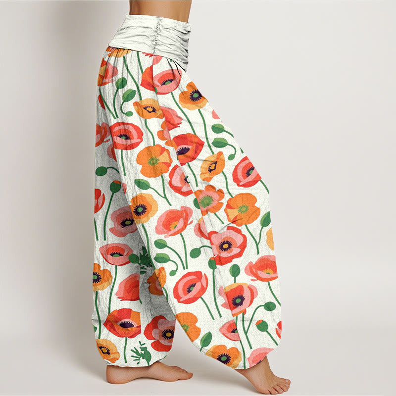 Pantalon harem à taille élastique pour femme, en coton à motif de fleurs rouges et orange et Buddha Stones - image 9