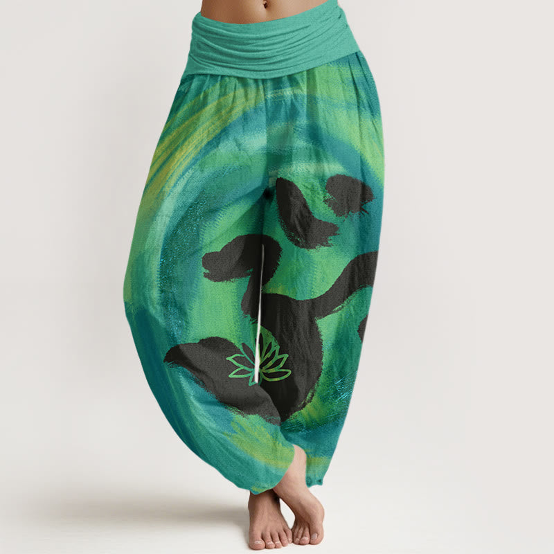 Pantalon harem à taille élastique pour femme, en coton, motif OM et fleur de lotus, orné de Buddha Stones - Vert clair - US22，UK/AU26，EU54 (6XL) - image 0